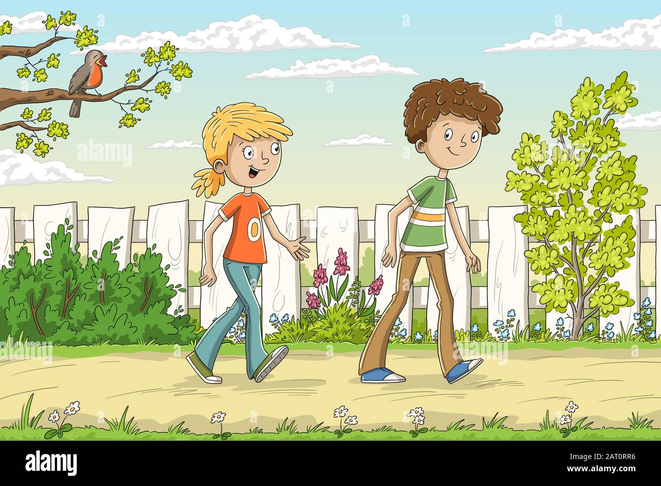 Two children walking through the garden. Hand drawn vector illustration with separate layers. Stock Vector