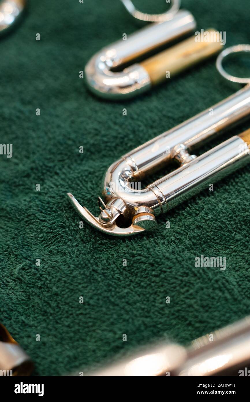 3rd Valve Slide of a Shiny Silver trumpet disassembled lying on a green towel with other trumpet parts in the blurred background Stock Photo