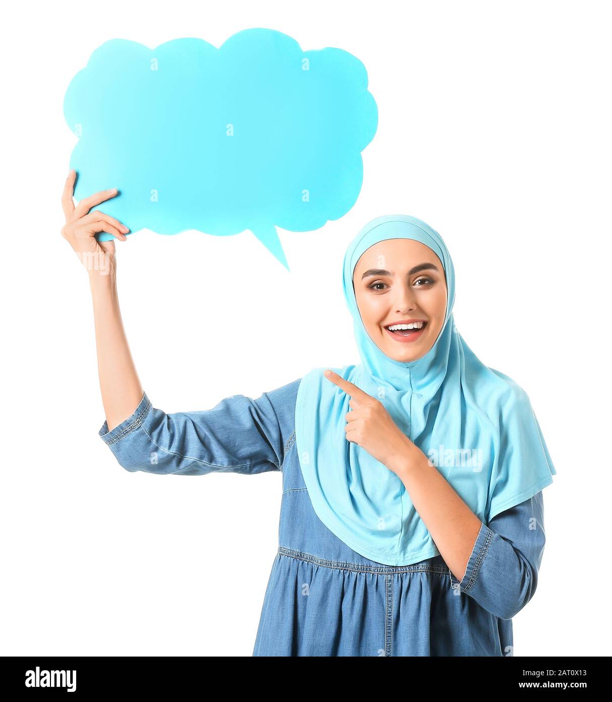 Beautiful Arab woman with blank speech bubble on white background Stock ...