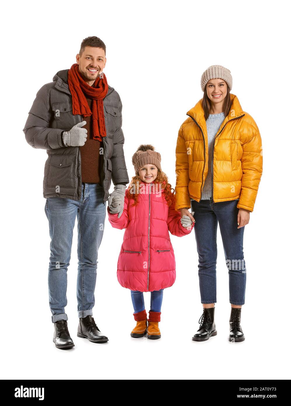 Happy family in winter clothes on white background Stock Photo - Alamy