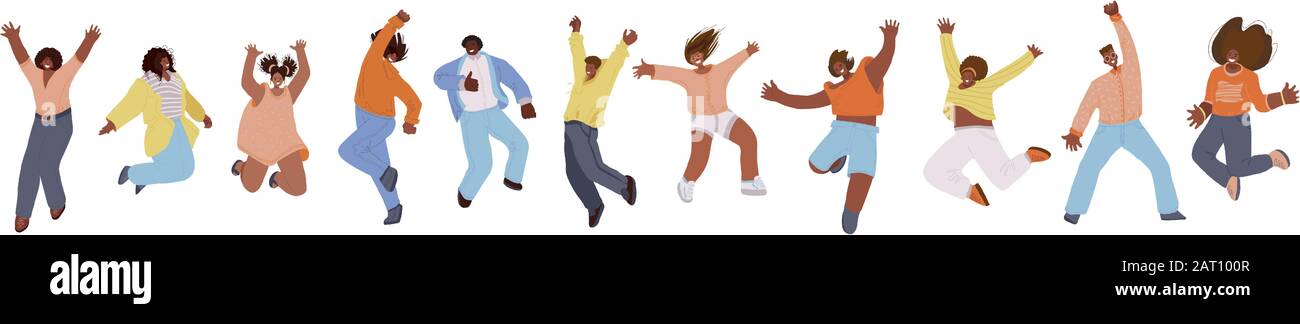 Vector flat collection of african american happy men and women, jumping ...