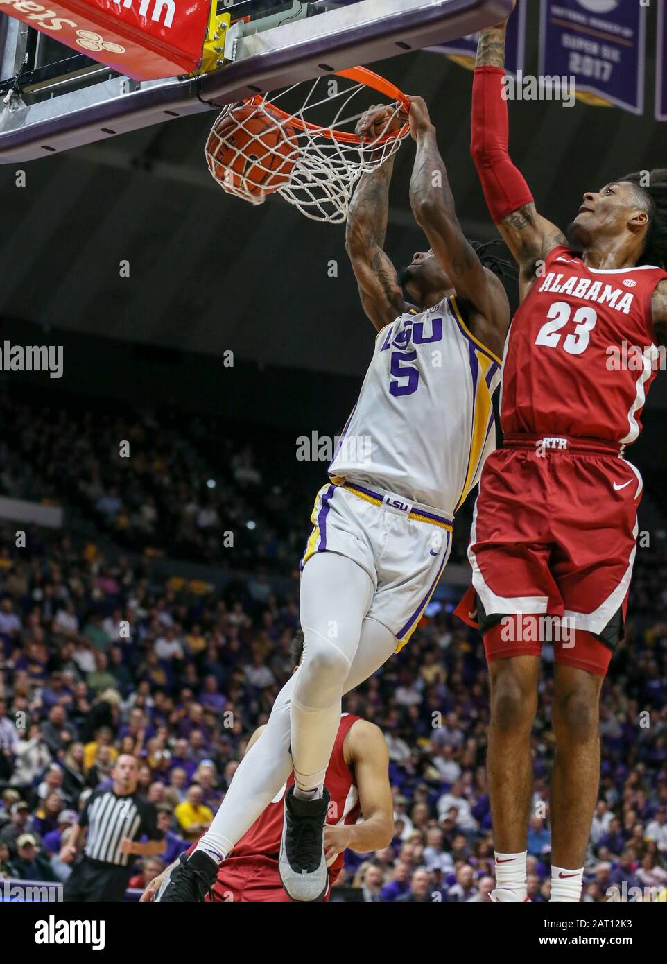 January 29, 2020: Emmitt Williams (5) gets an easy dunk for LSU in front of Alabama's John Petty Jr. (23) during NCAA Basketball action between the Alabama Crimson Tide and the LSU Tigers at the Pete Maravich Assembly Center in Baton Rouge, LA. Jonathan Mailhes/CSM Credit: Cal Sport Media/Alamy Live News Stock Photo