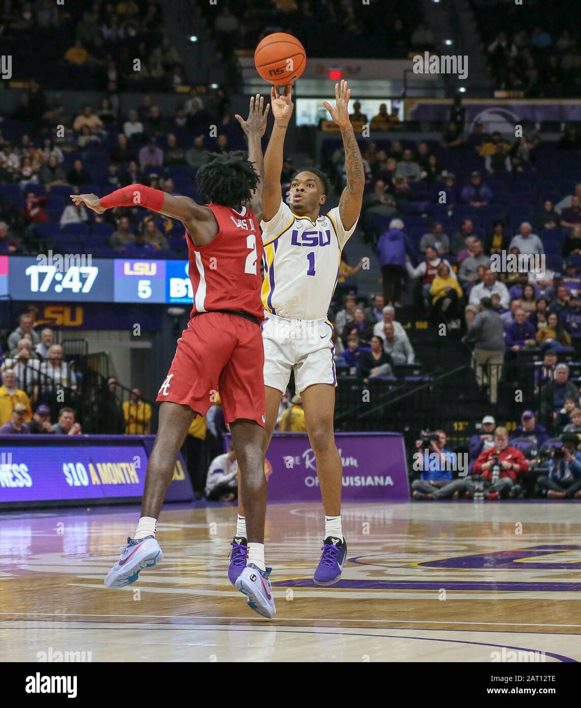 January 29, 2020: LSU's Javonte Smart (1) takes a shot over Alabama's Kira Lewis Jr. (2) during NCAA Basketball action between the Alabama Crimson Tide and the LSU Tigers at the Pete Maravich Assembly Center in Baton Rouge, LA. Jonathan Mailhes/CSM Credit: Cal Sport Media/Alamy Live News Stock Photo