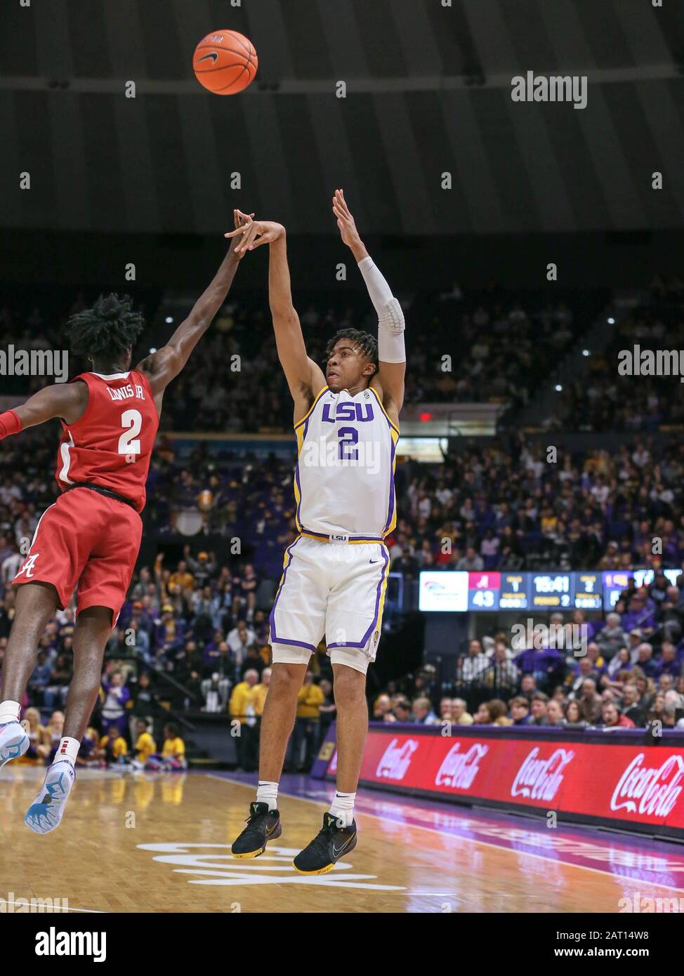 January 29, 2020: LSU's Trendon Watford (2) puts up a shot over Alabama's Kira Lewis Jr. (2) during NCAA Basketball action between the Alabama Crimson Tide and the LSU Tigers at the Pete Maravich Assembly Center in Baton Rouge, LA. Jonathan Mailhes/CSM Stock Photo