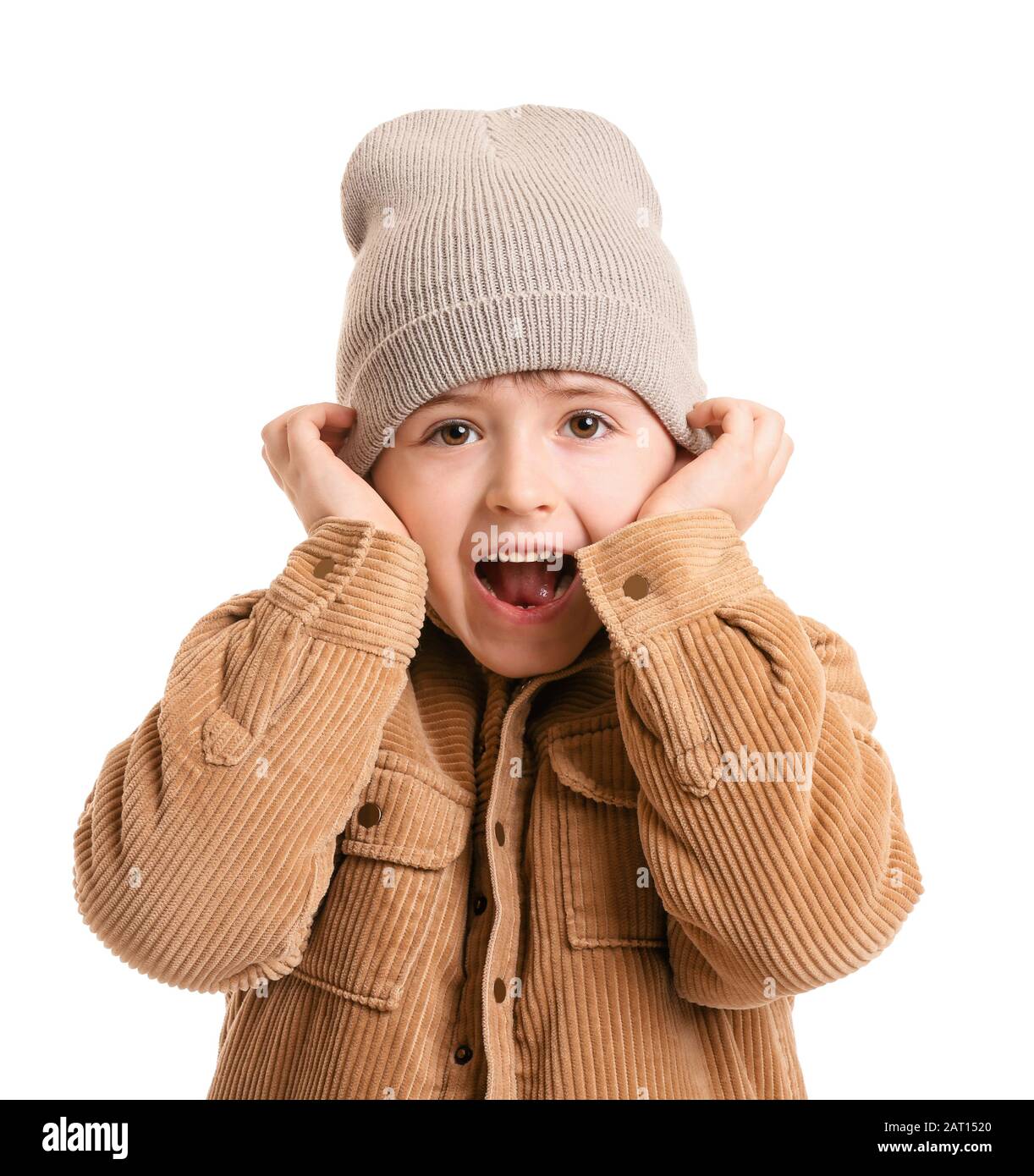 Little boy in winter clothes on white background Stock Photo