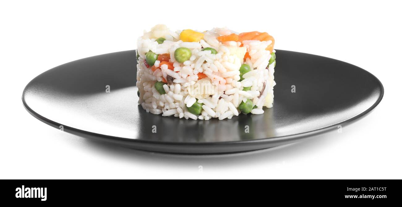 Plate with boiled rice and vegetables on white background Stock Photo ...