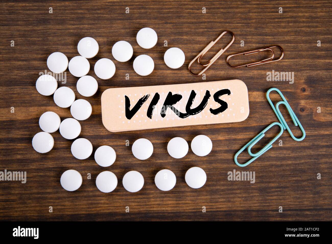 Virus. Epidemic, quarantine, treatment and rehabilitation concept. Note sheet like medical plaster Stock Photo