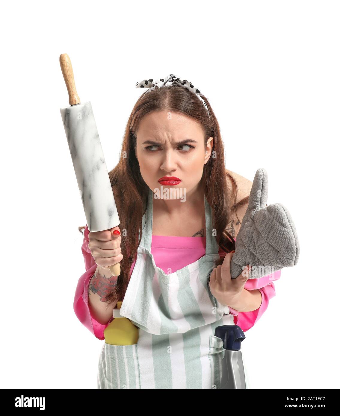 Angry housewife on white background Stock Photo