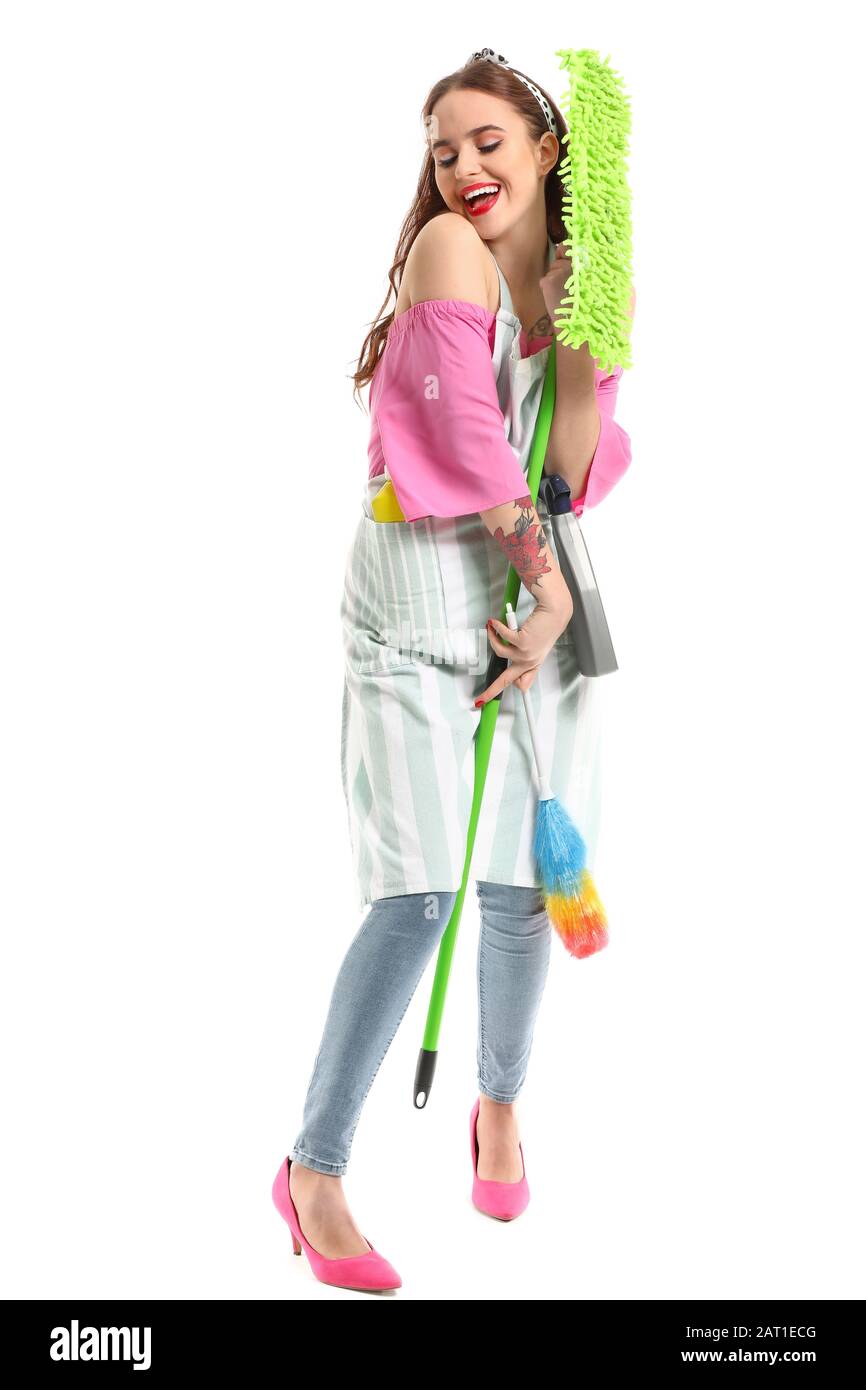 Beautiful housewife on white background Stock Photo - Alamy