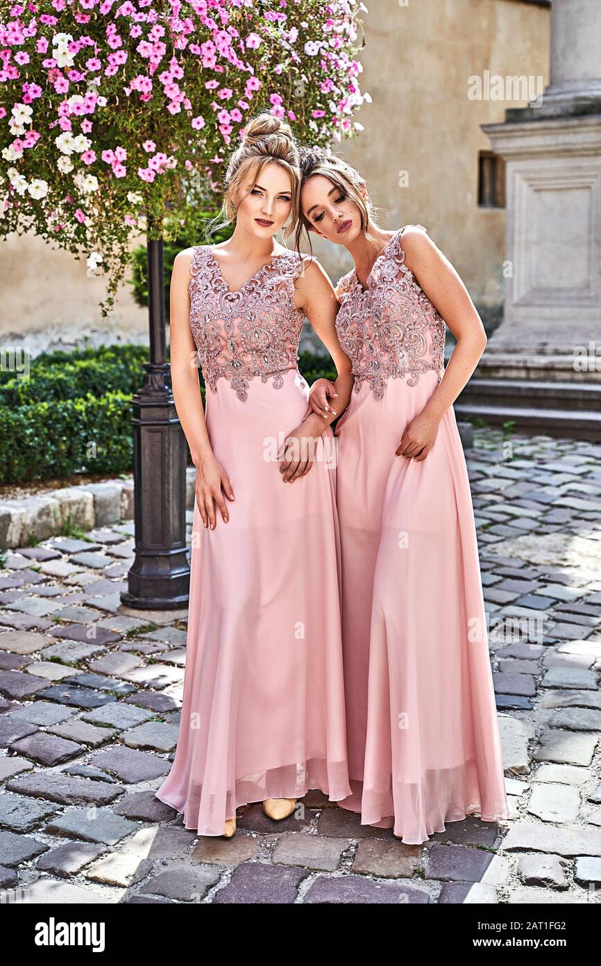 Beautiful blonde and brunette bridesmaids with luxury hairdo in gorgeous  elegant stylish pale pink floor length v neck chiffon gown dress decorated  Stock Photo - Alamy
