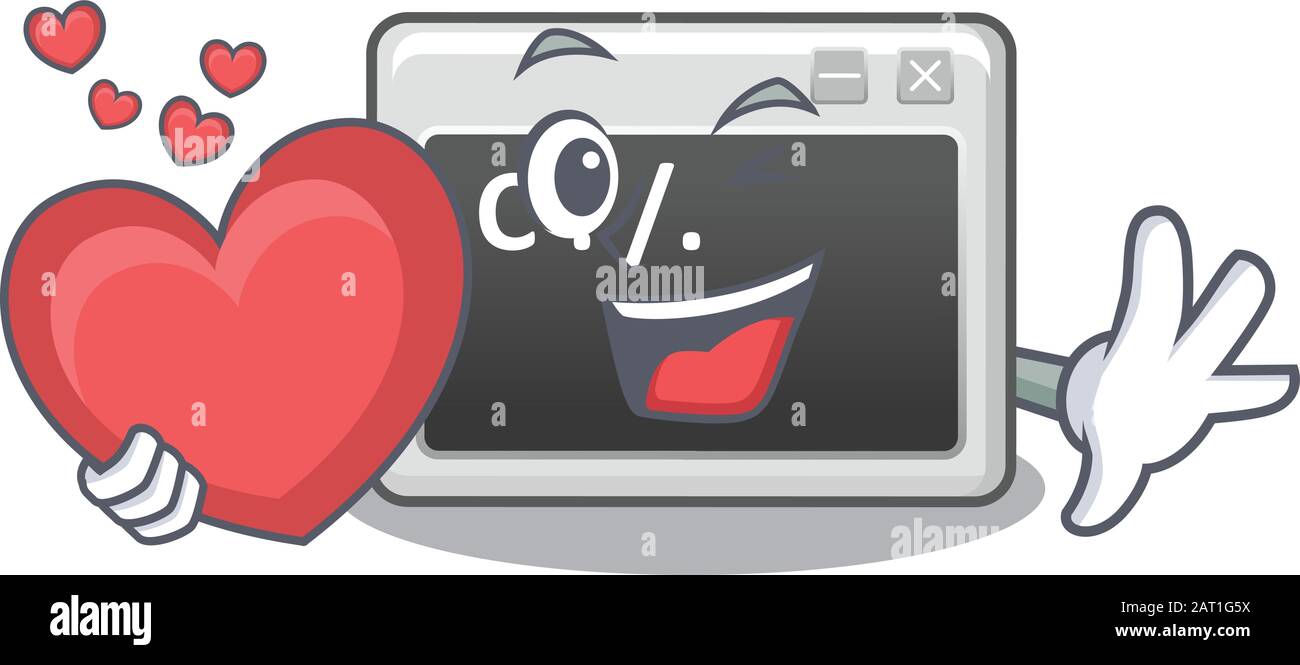 Funny Face command window cartoon character holding a heart Stock Vector