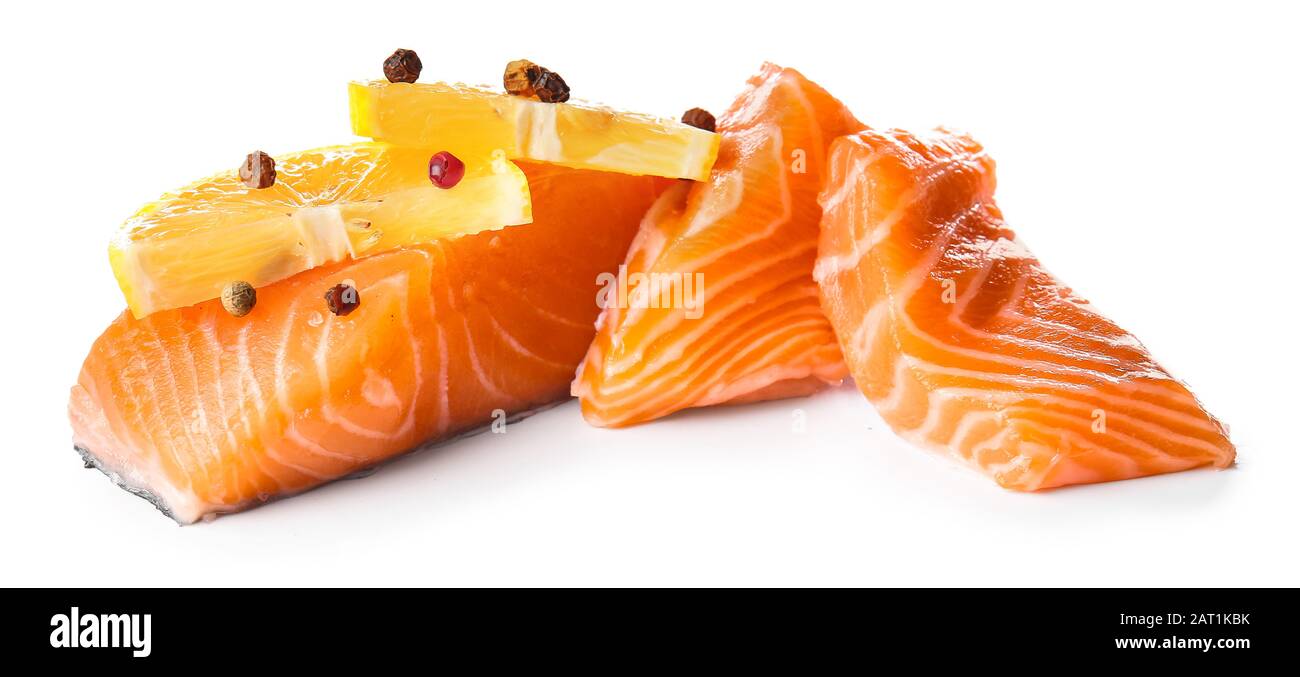 Raw salmon fillet on white background Stock Photo - Alamy