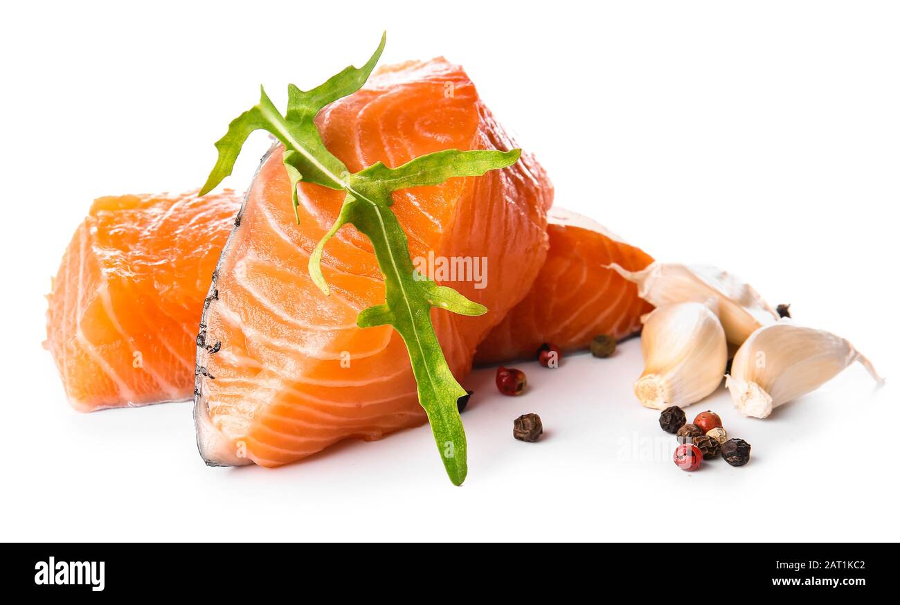 Raw salmon fillet on white background Stock Photo - Alamy