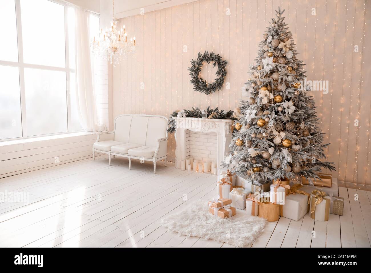 Stylish Interior Of Living Room With Beautiful Christmas Tree And