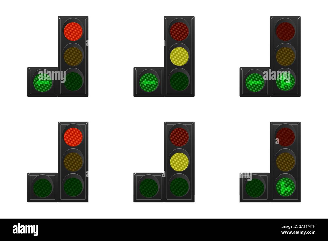 Set of vertical traffic lights. Red, yellow and green. Arrow straight