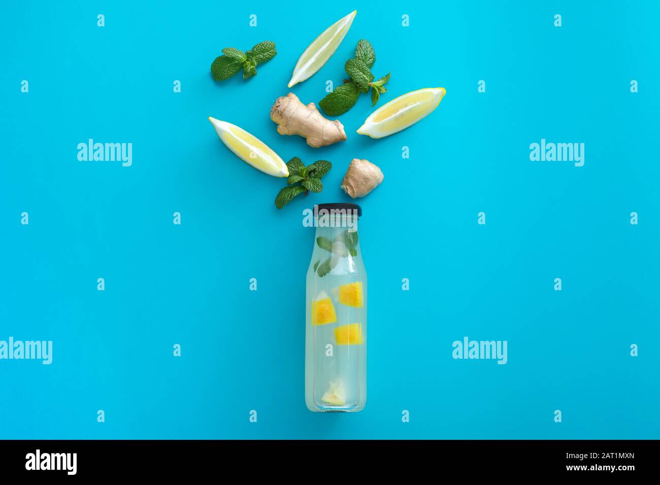 Composition with tasty ginger lemonade on color background Stock Photo