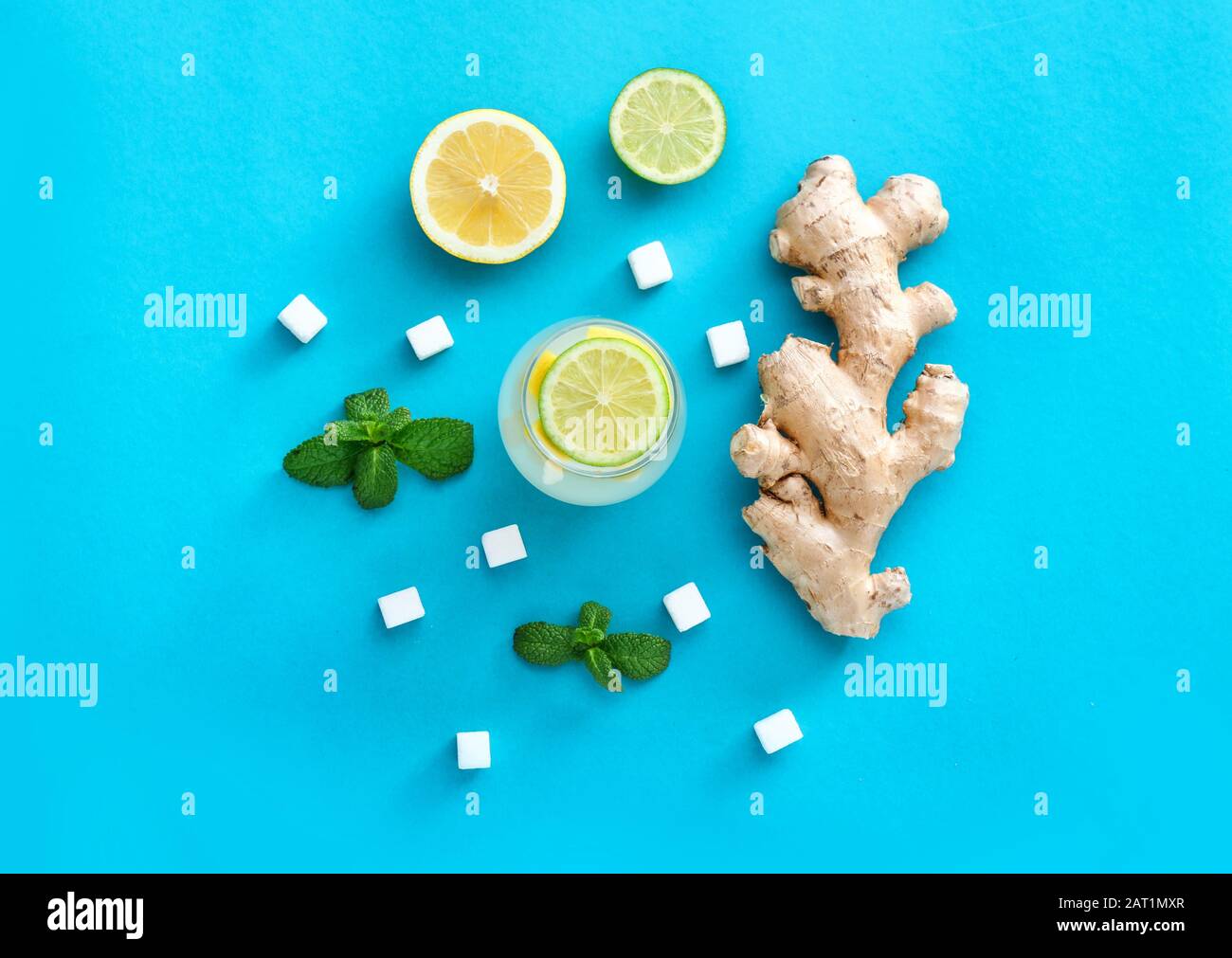 Composition with tasty ginger lemonade on color background Stock Photo