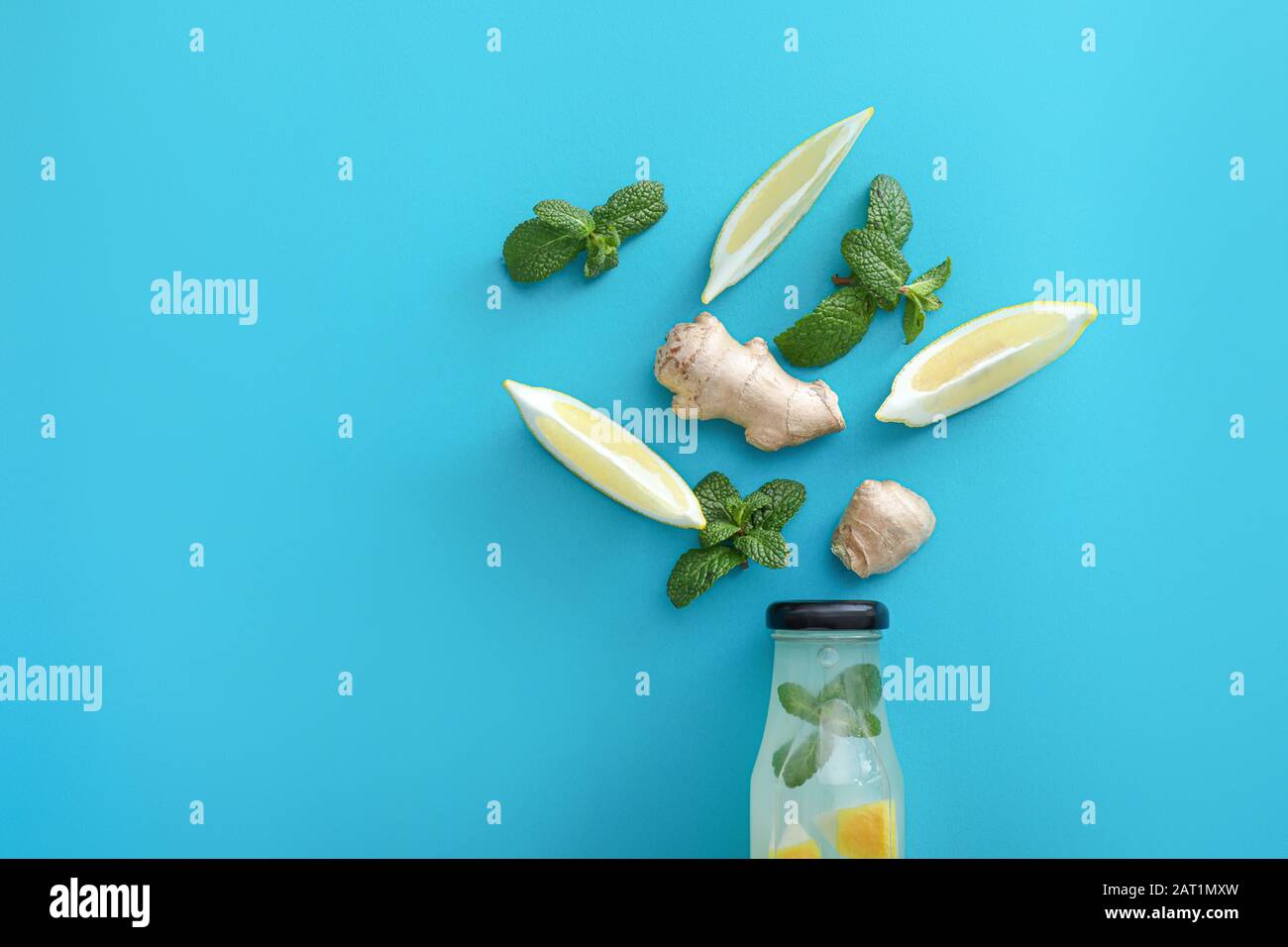 Composition with tasty ginger lemonade on color background Stock Photo