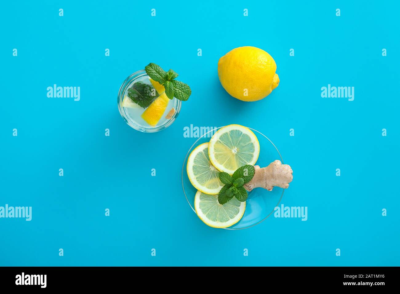 Composition with tasty ginger lemonade on color background Stock Photo