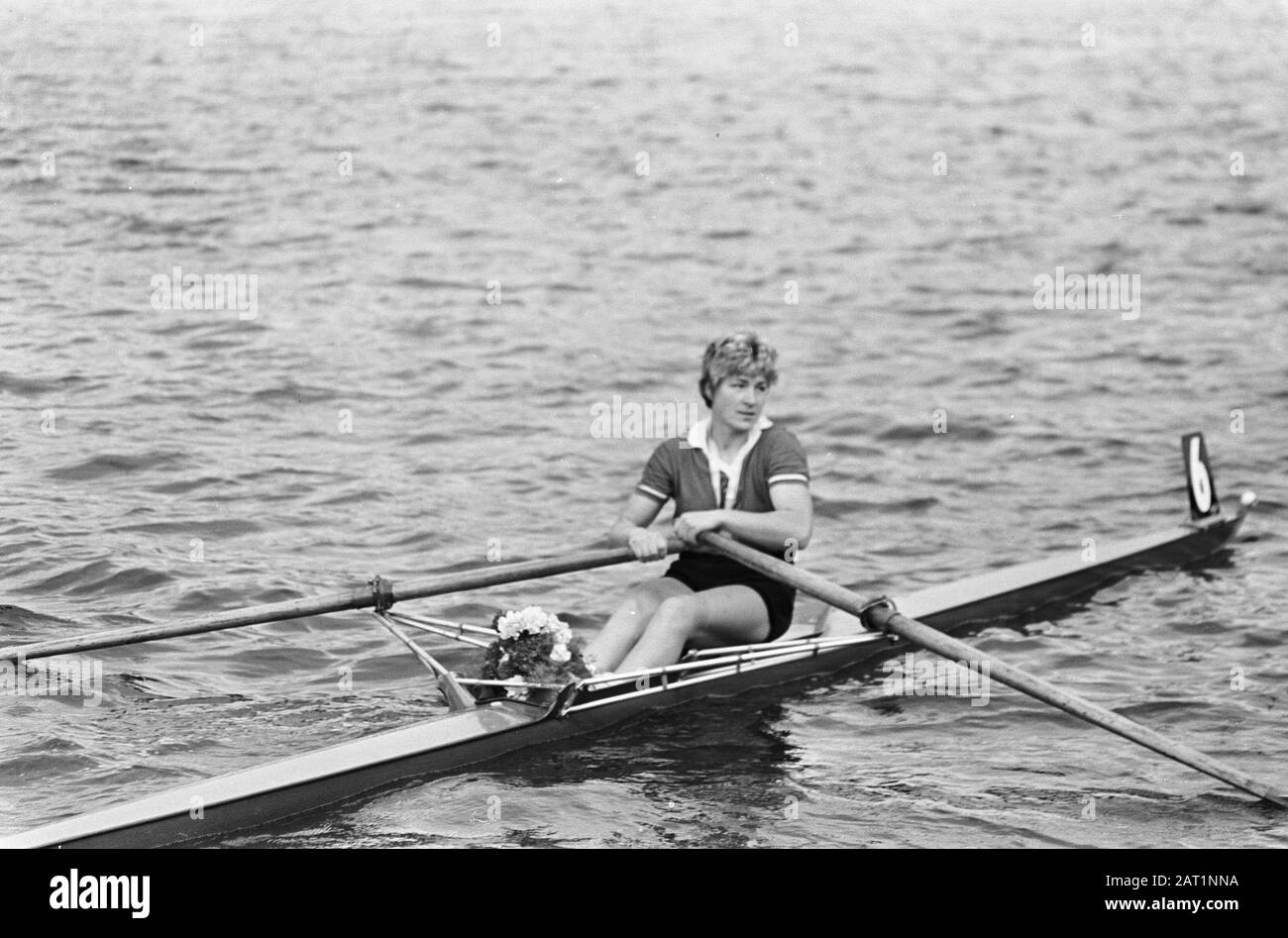 European rowing championships ladies in Duisburg, nr. 14 French skiffeuse Renee Camus Date: 20 August 1965 Location: Duisburg Keywords: Rowing, Championships Stock Photo