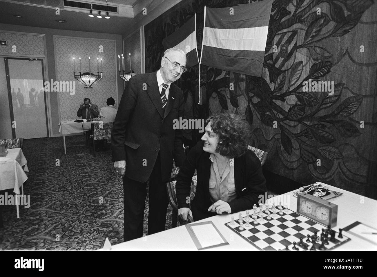 Anefo photo collection. Bobby Fischer in Hilton Hotel in Amsterdam For  discussions with fide chairman Max Euwe (right) about the two camp to the  world championship with Boris Spassky. January 31, 1972.