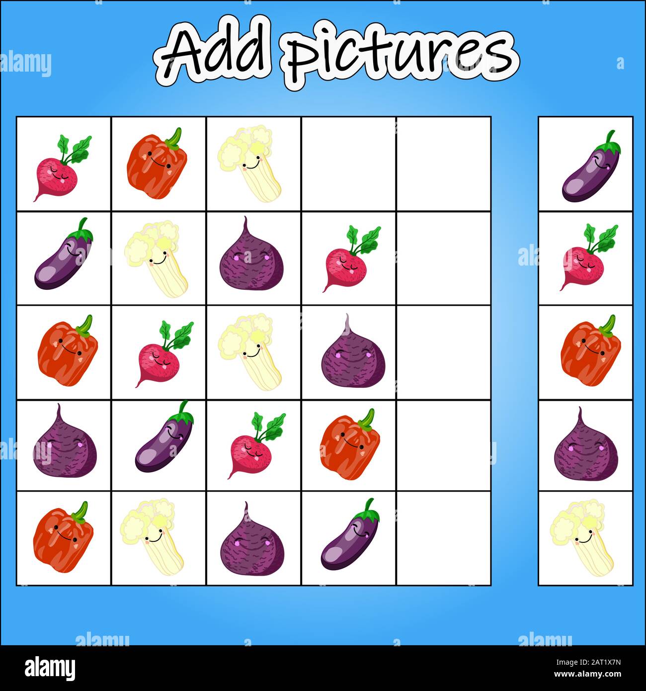 Picture Sudoku is an educational game for the development of children s logical thinking. Level of difficulty 1. Theme vegetables . Insert pictures Stock Vector