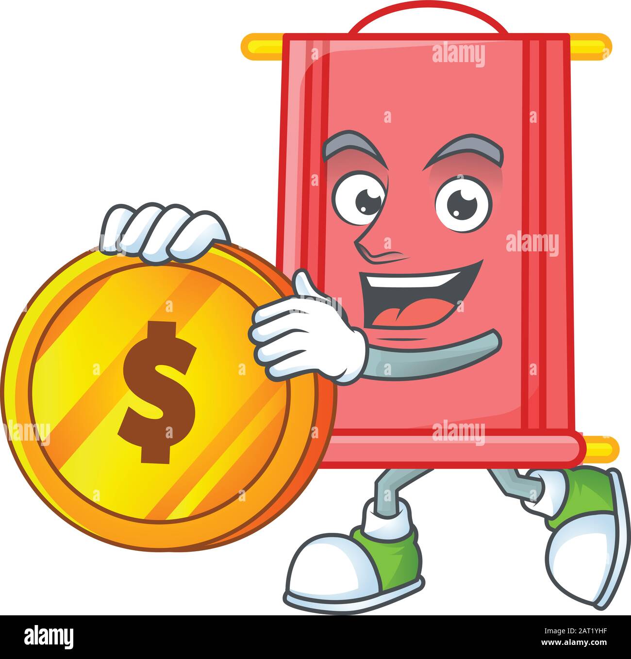 Rich chinese red scroll mascot cartoon design style with gold coin ...