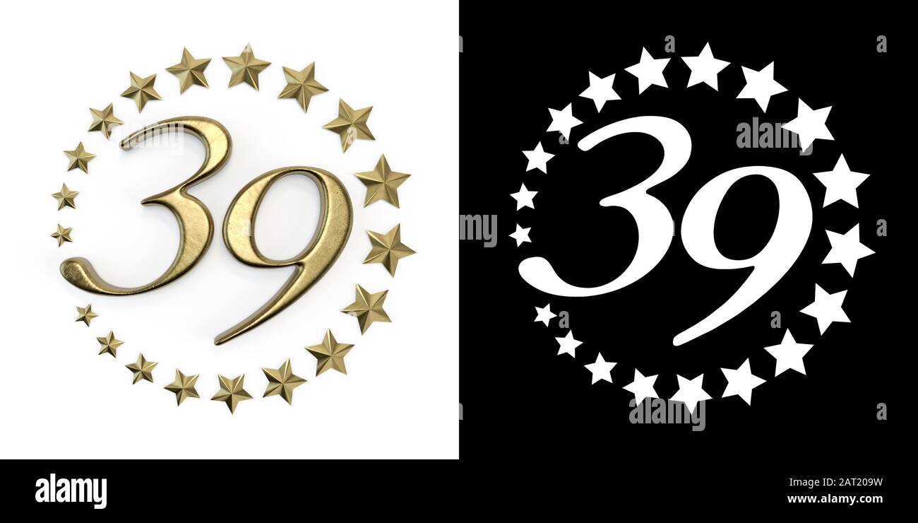 Number 39 (number thirty-nine) Anniversary celebration design with a circle of Golden stars on a white background with shadow and alpha channel. 3D il Stock Photo