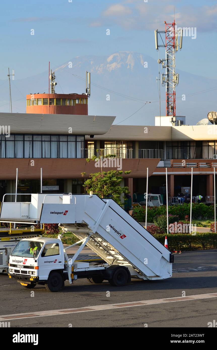 Swissport aircraft steps at JRO Kilimanjaro International airport.  Arusha, Tanzania Stock Photo