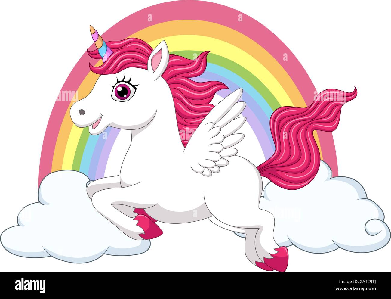 Cute little pony unicorn with wings on clouds and rainbow Stock Vector ...