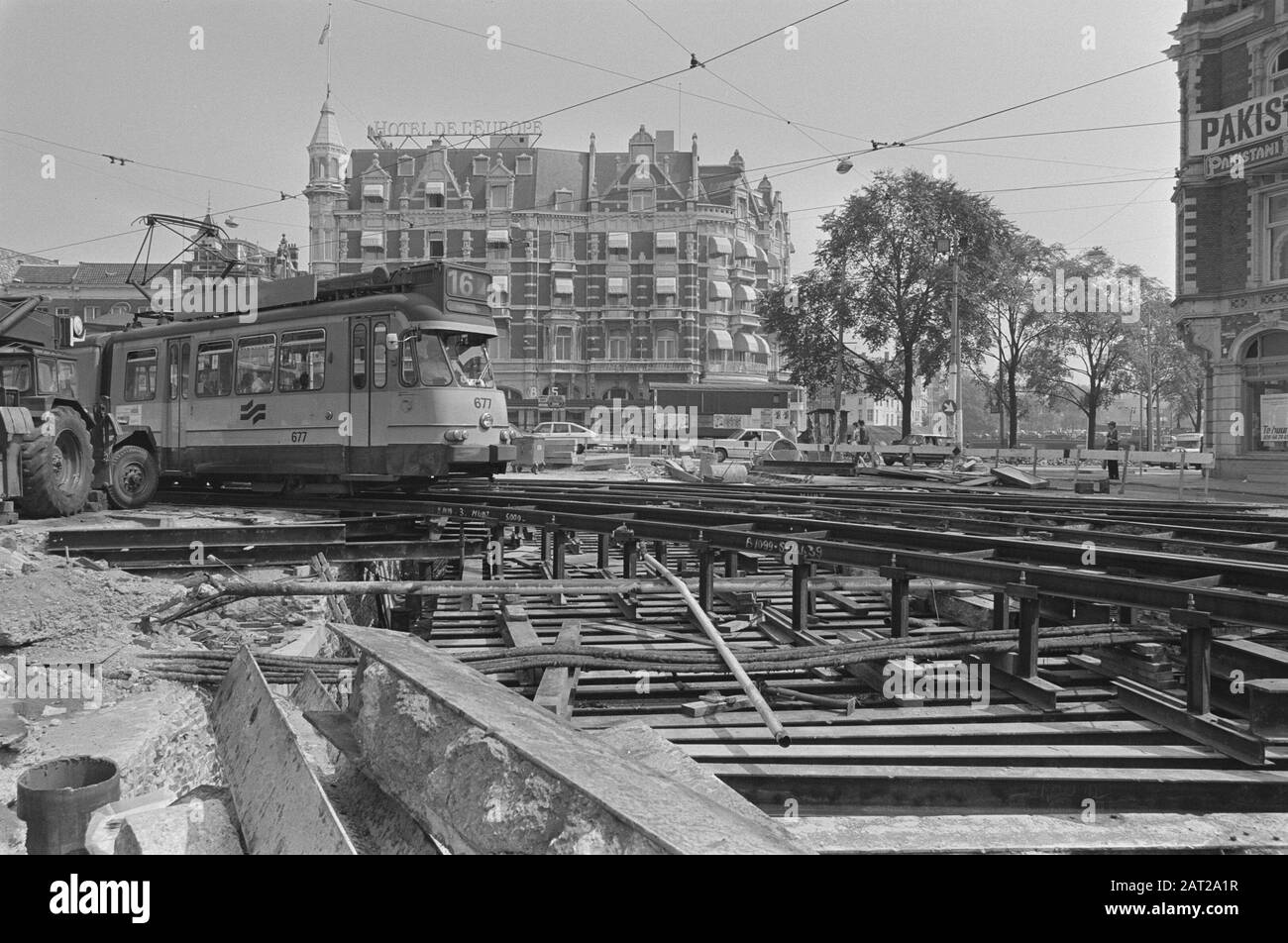 Broken road at tram tracks on Muntplein Date: July 25, 1985 Keywords: tramrails Stock Photo