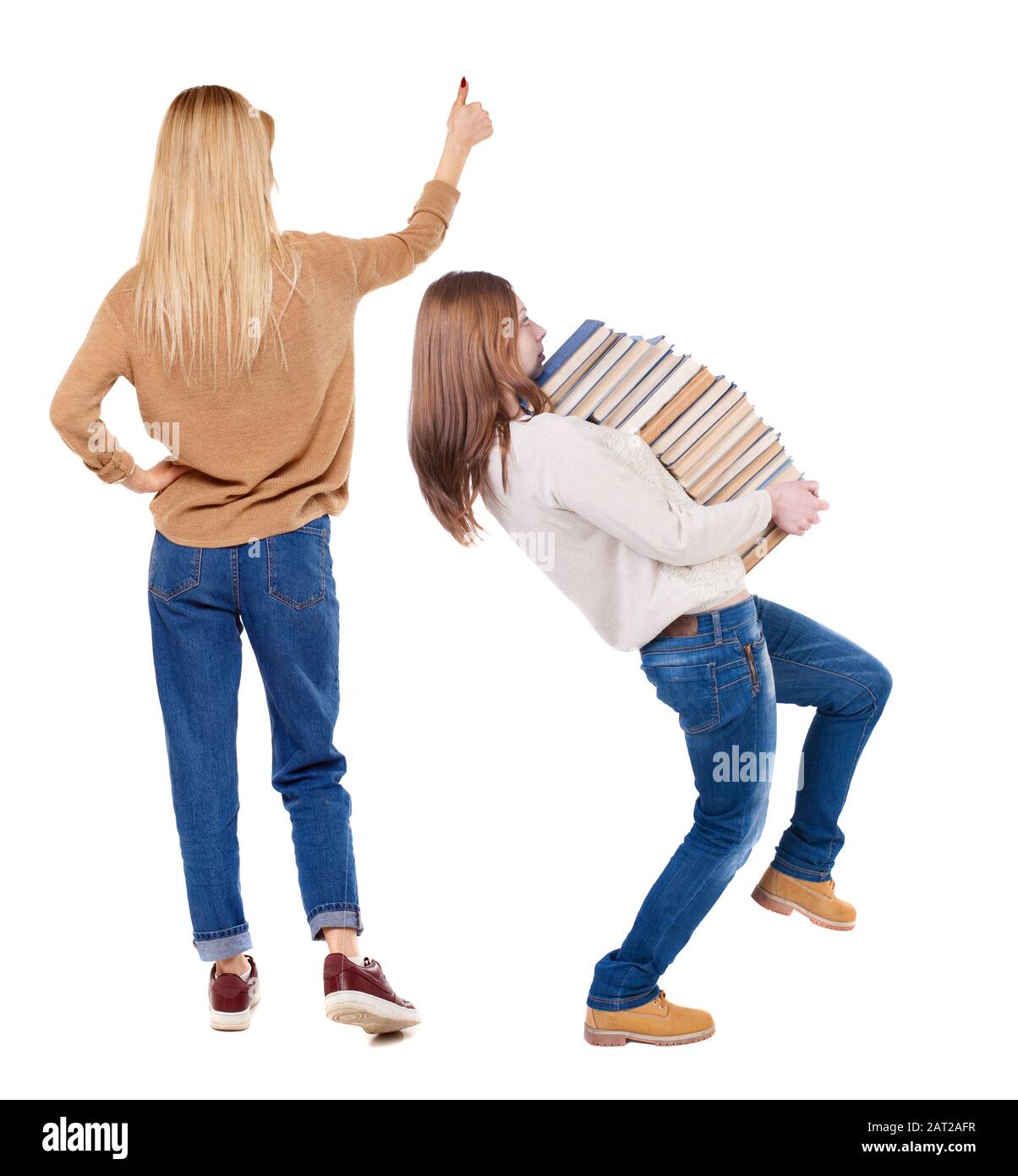 Back view of two young girl in sweater showing thumb up. Rear view people  collection. backside view of person. beautiful woman friends showing  gesture Stock Photo - Alamy