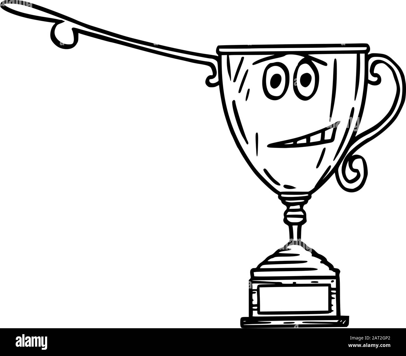 Vector illustration of cartoon winners trophy cup character showing or pointing at something by hand.Sport or business advertisement or marketing design. Stock Vector