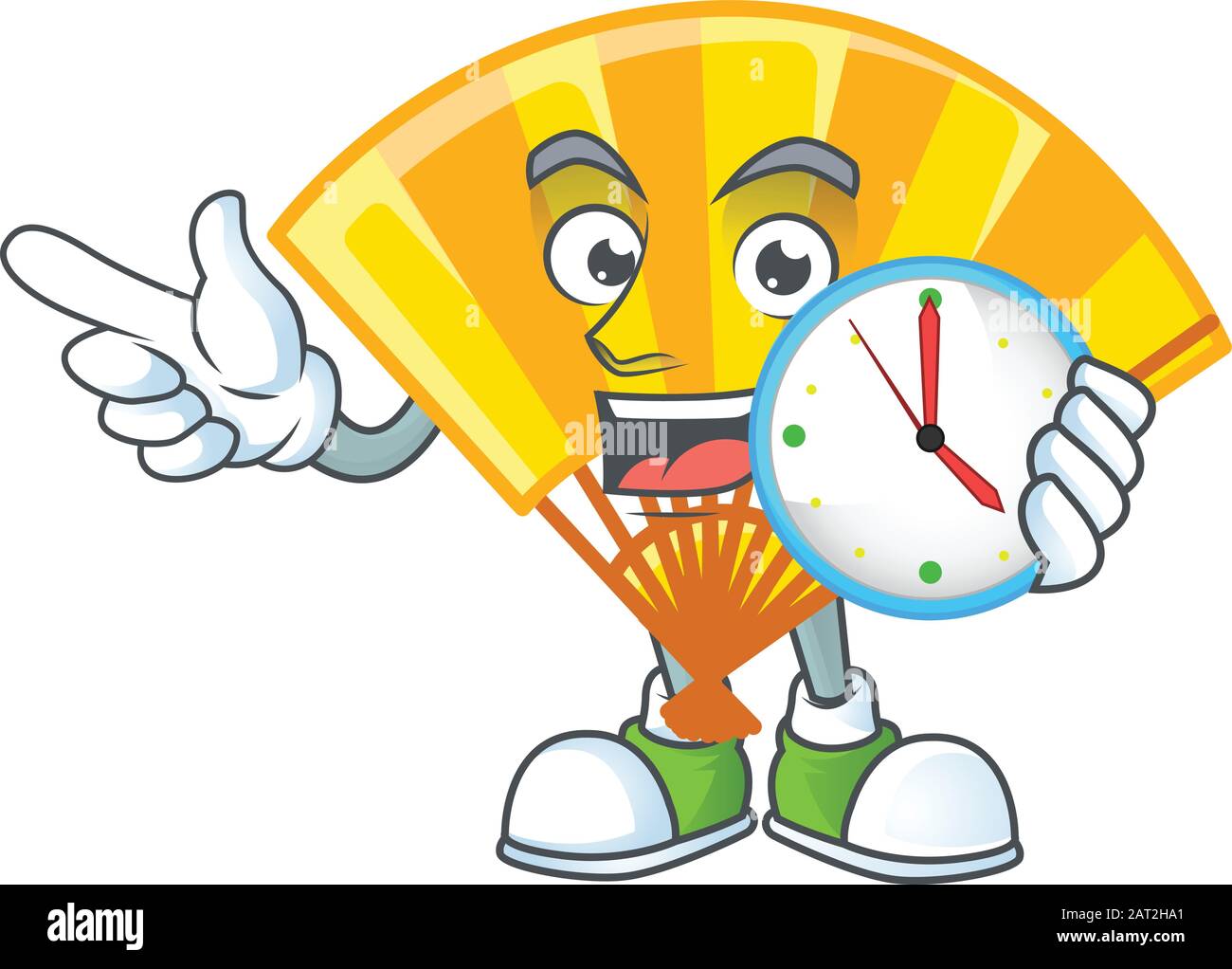 cartoon character style gold chinese folding fan having clock Stock Vector