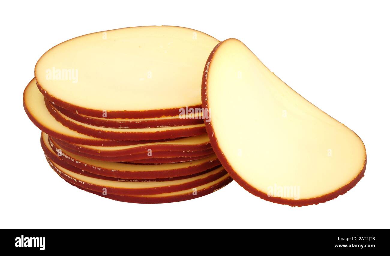 German smoked cheese slices isolated on a white background Stock Photo