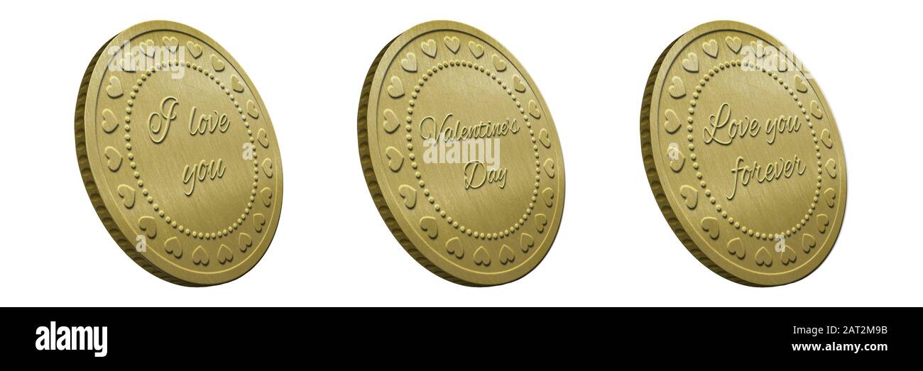 Stylish Valentine’s 3D rendered golden greeting coin with different letterings isolated on white background Stock Photo