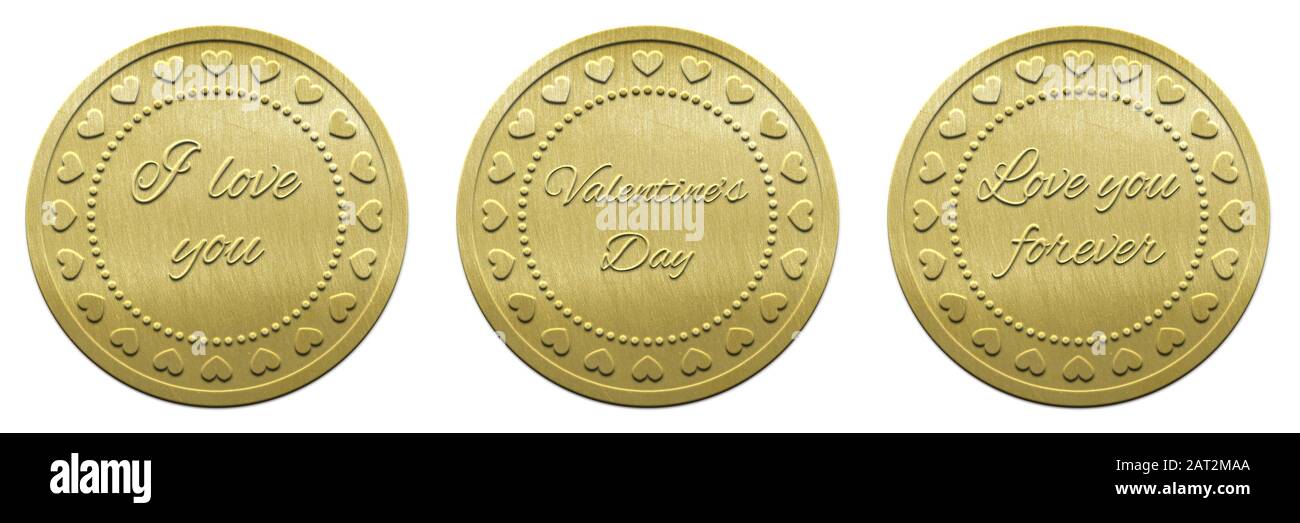 Stylish Valentine’s 3D rendered golden greeting coin with different letterings isolated on white background Stock Photo