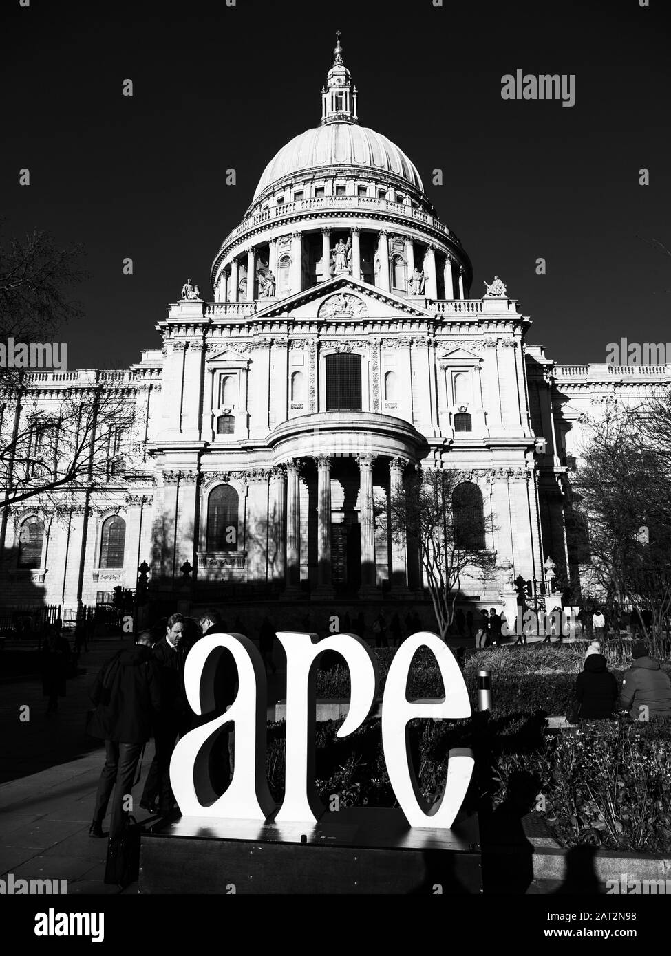 People standing next to Are, Black and White Landscape of St Pauls Cathedral, City of London, England, UK, GB. Stock Photo