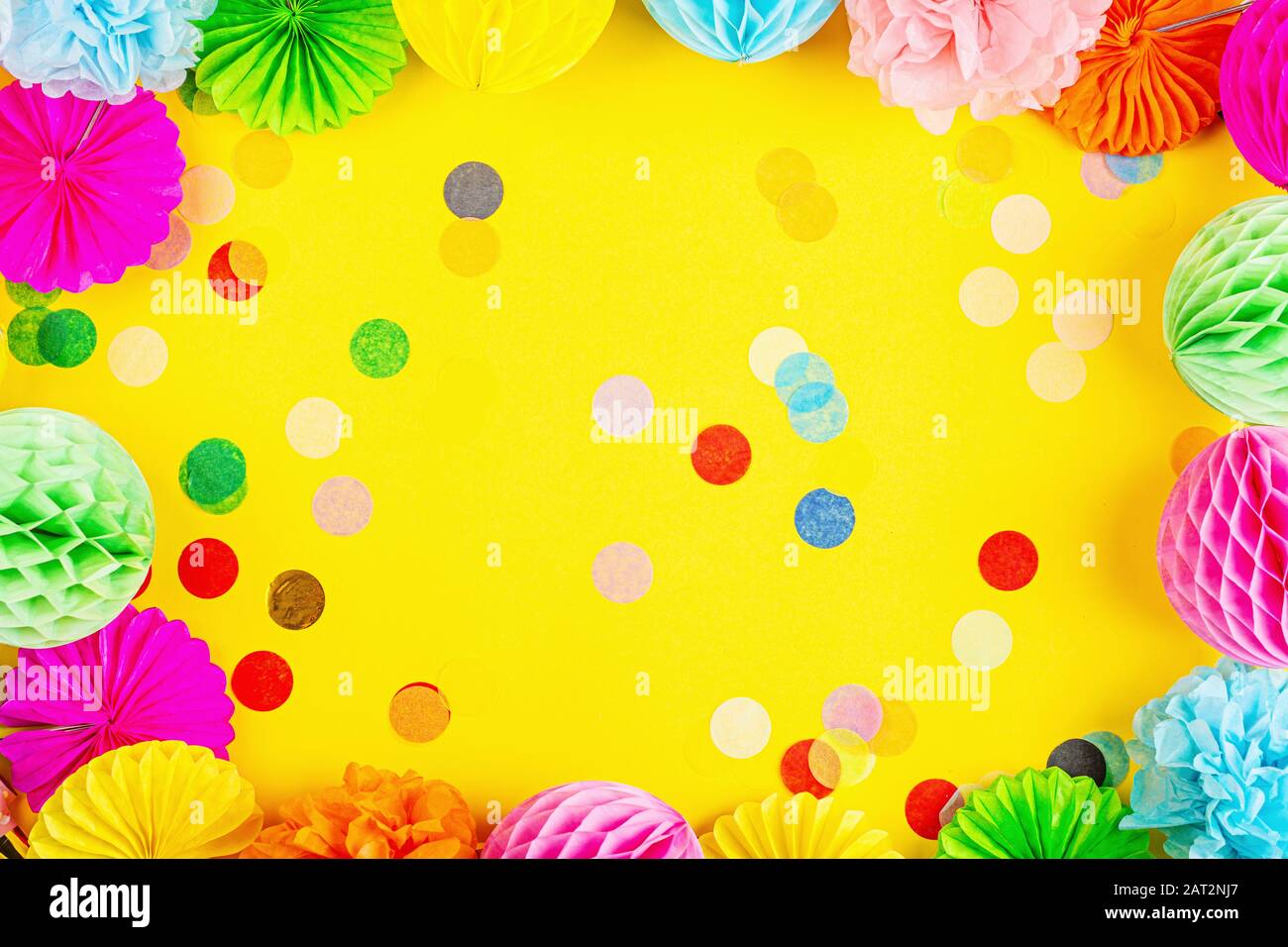 Happy birthday decor with confetti on yellow background, top view. Flat lay  style. Mock up, template, overhead. Background for birthday, 8 march Stock  Photo - Alamy