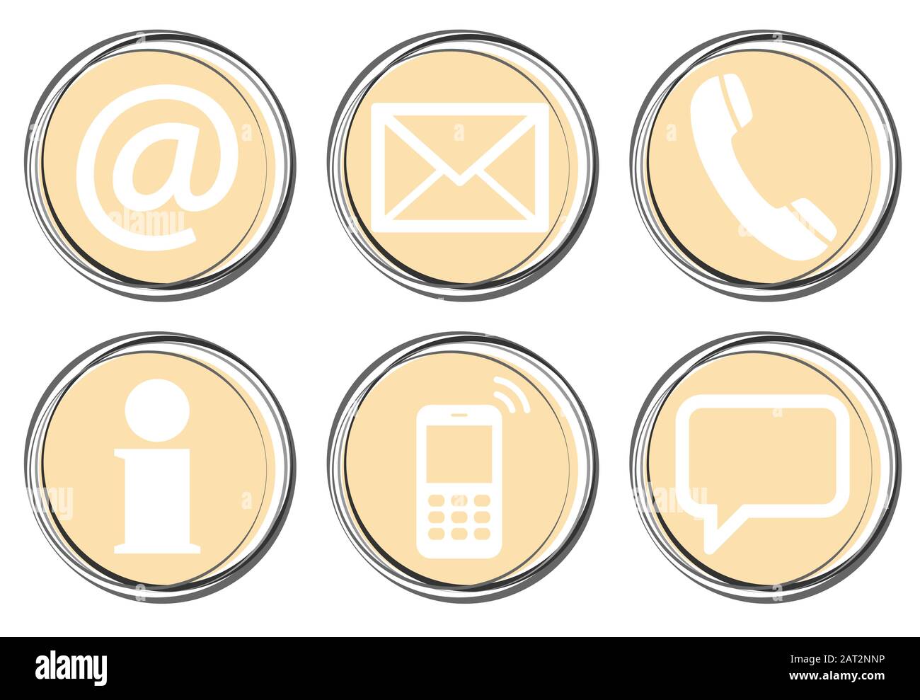 Contact Us, set of six white icons in round colored buttons Stock Vector