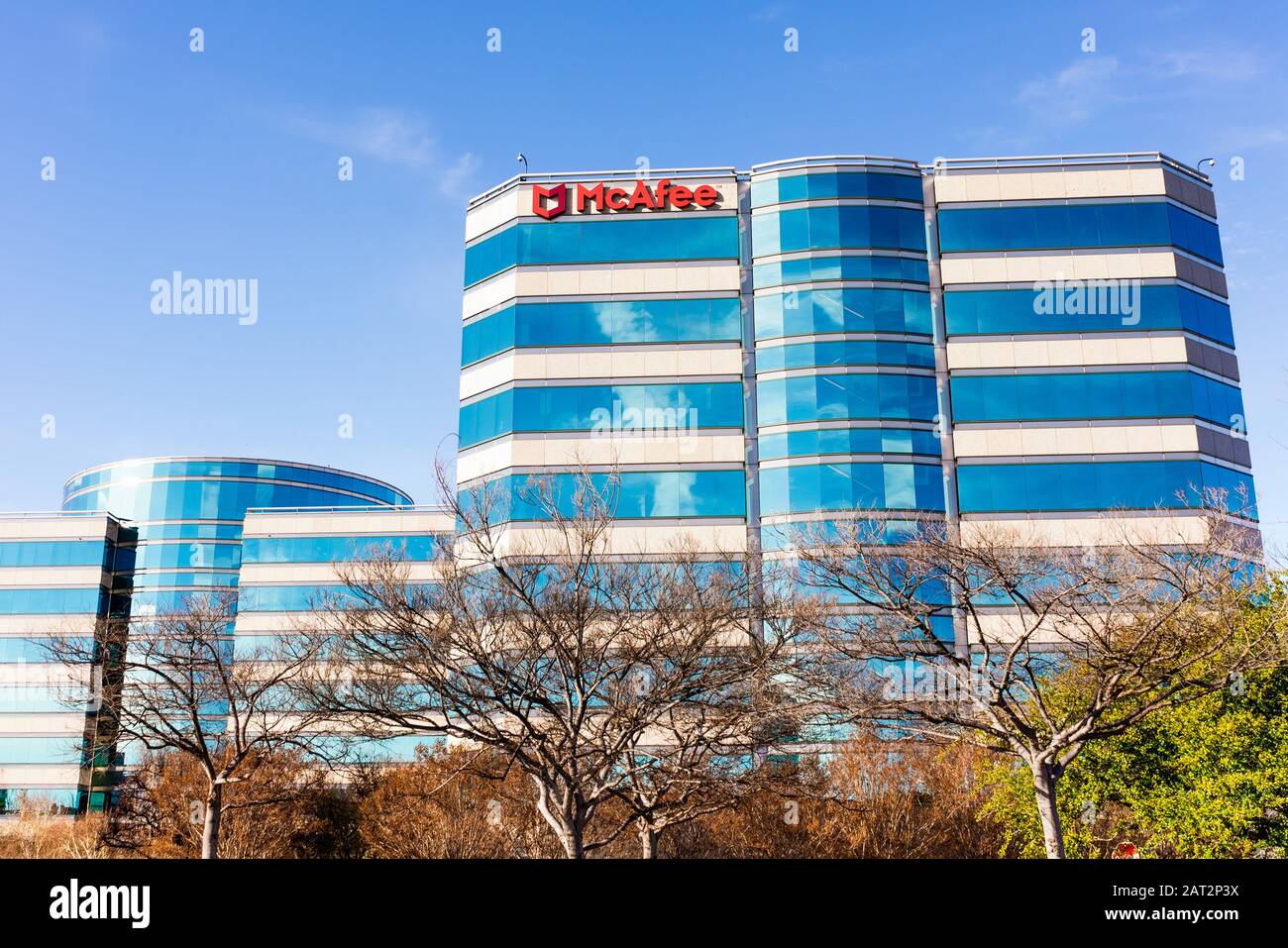Jan 29, 2020 Santa Clara / CA / USA - McAfee Headquarters in Silicon Valley; McAfee, LLC is an American global computer security software company, joi Stock Photo