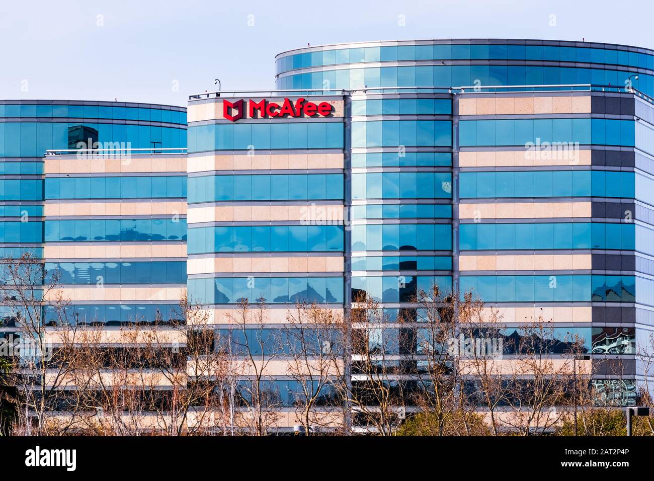 Jan 29, 2020 Santa Clara / CA / USA - McAfee Headquarters in Silicon Valley; McAfee, LLC is an American global computer security software company, joi Stock Photo