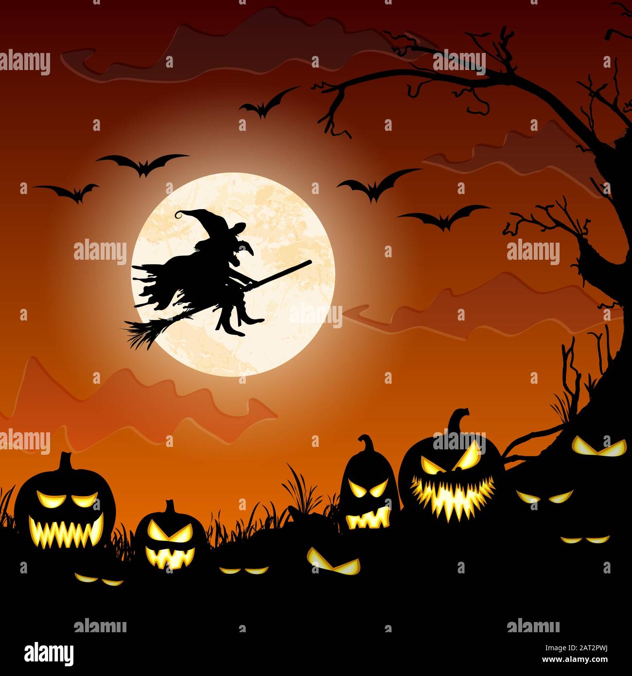 witch in front of full moon with scary illustrated elements for ...