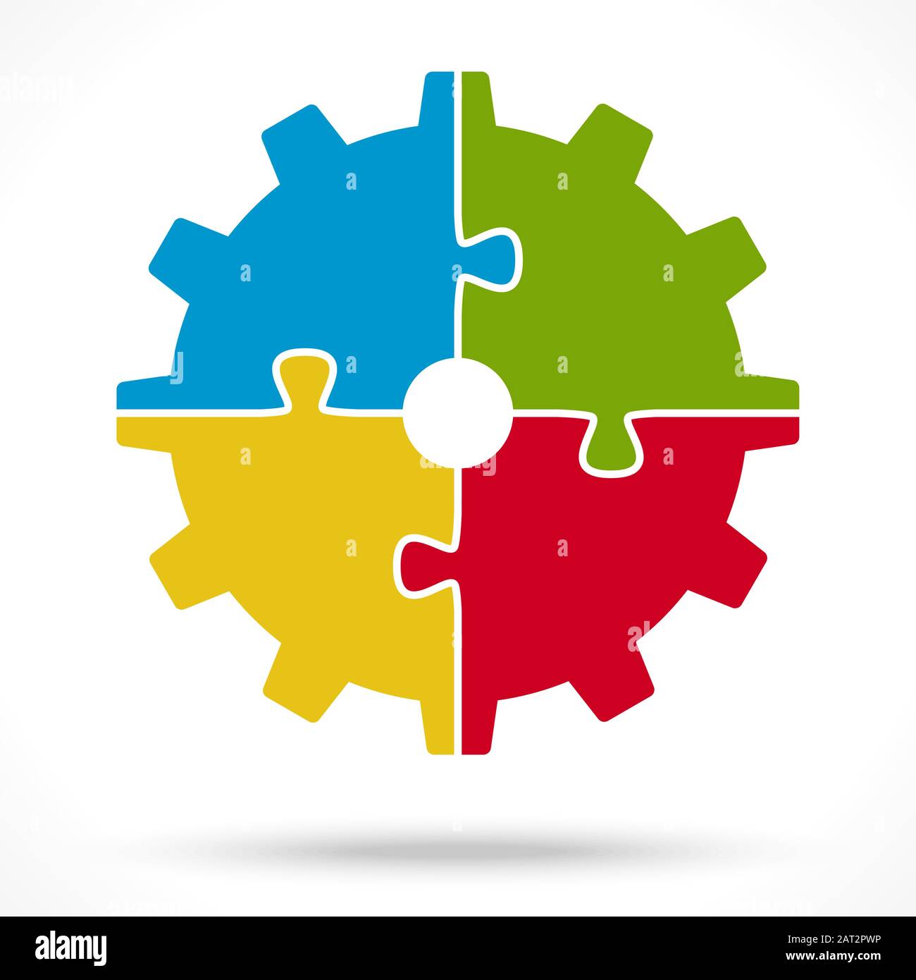 gear wheel with four colored puzzle parts for cooperation or teamwork symbolism Stock Vector