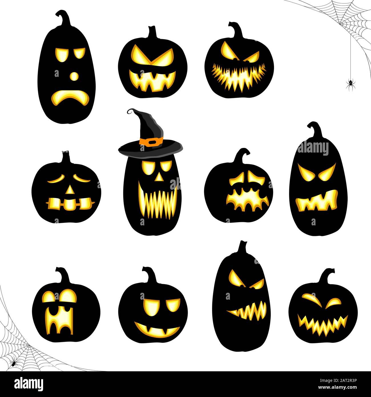 collection of different black colored illustrated pumpkins for Halloween layouts Stock Vector