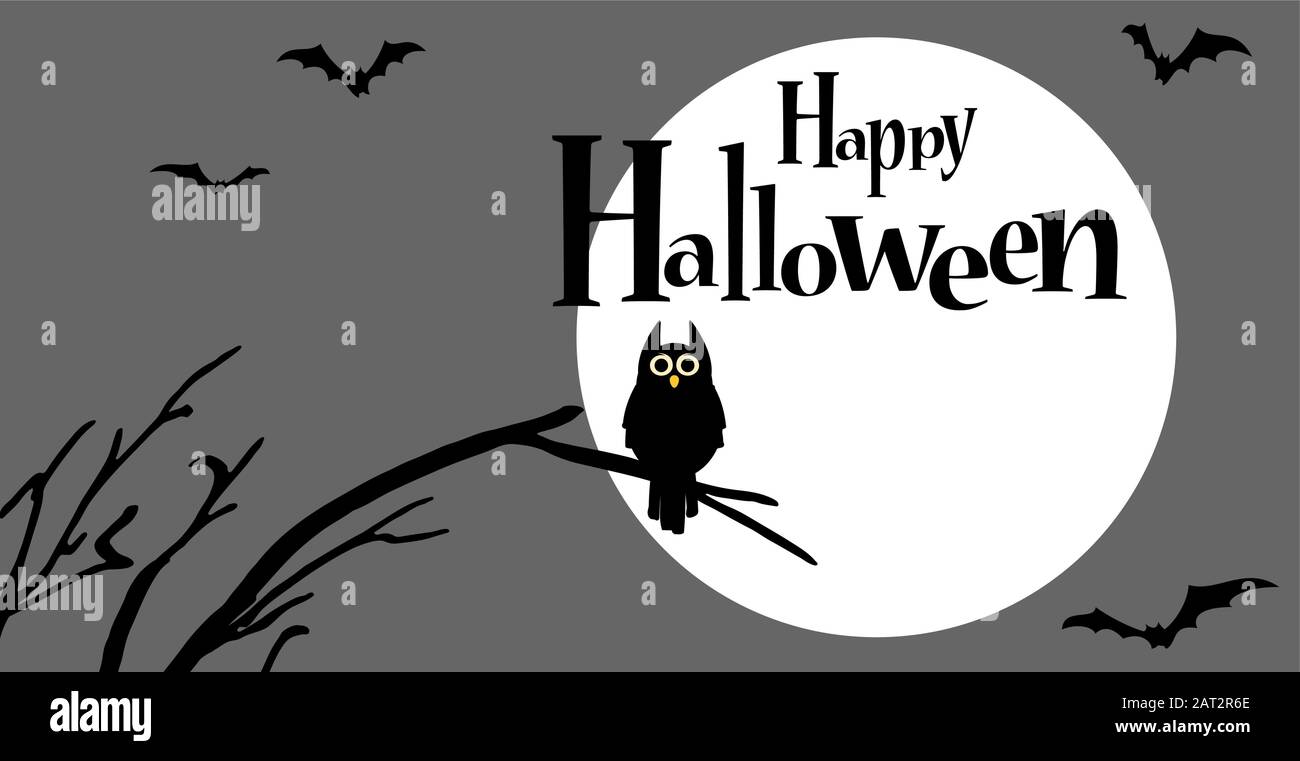 owl in front of full moon with scary illustrated elements for Halloween background layouts Stock Vector