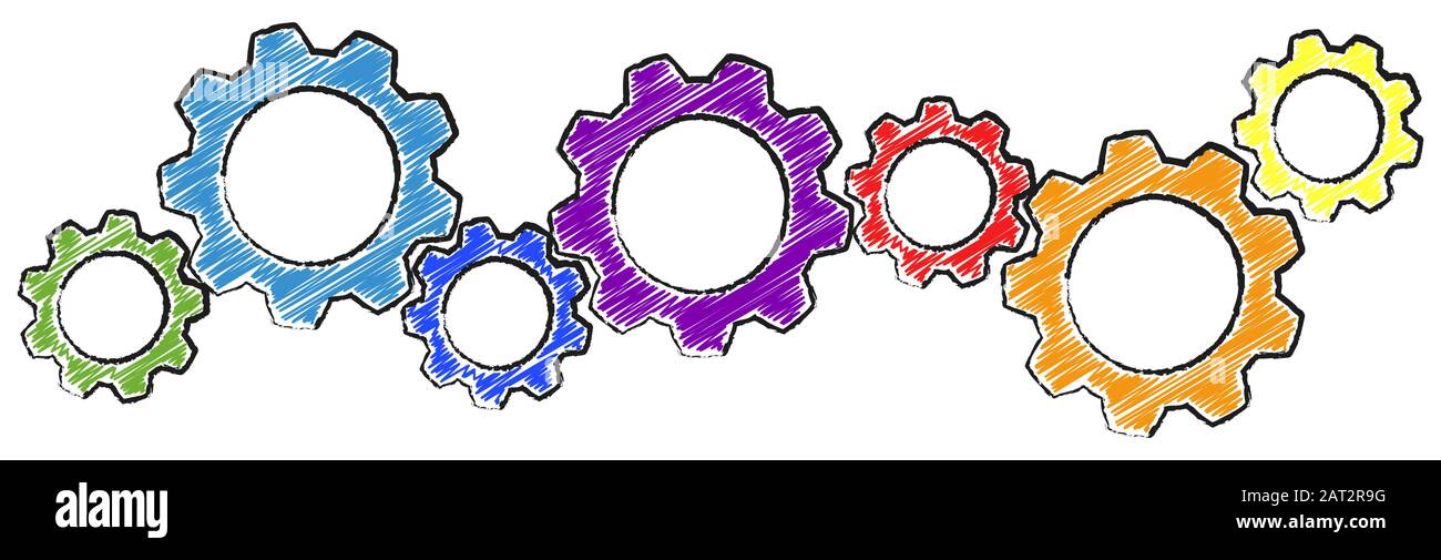 colored scribble gear wheels for cooperation or teamwork symbolism Stock Vector