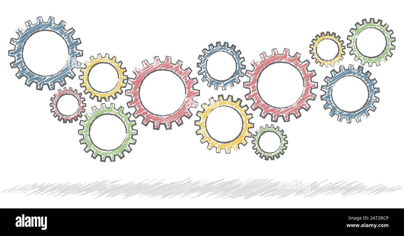 colored scribble gear wheels for cooperation or teamwork symbolism Stock Vector
