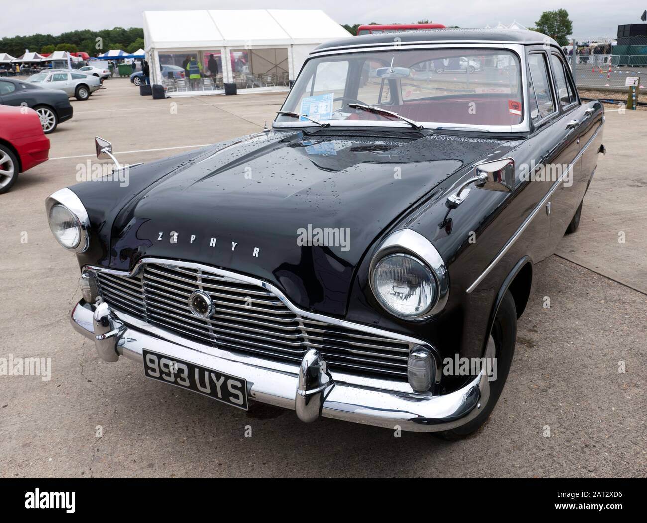 Three-quarters front view of a Black, 1959, Ford Zephyr MkII, on display at the 2019 Silverstone Classic Stock Photo