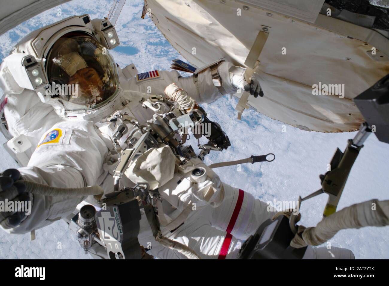 ISS - 20 Jan 2020 - NASA astronaut Jessica Meir is pictured during a spacewalk to finalize upgrading power systems on the International Space Station' Stock Photo
